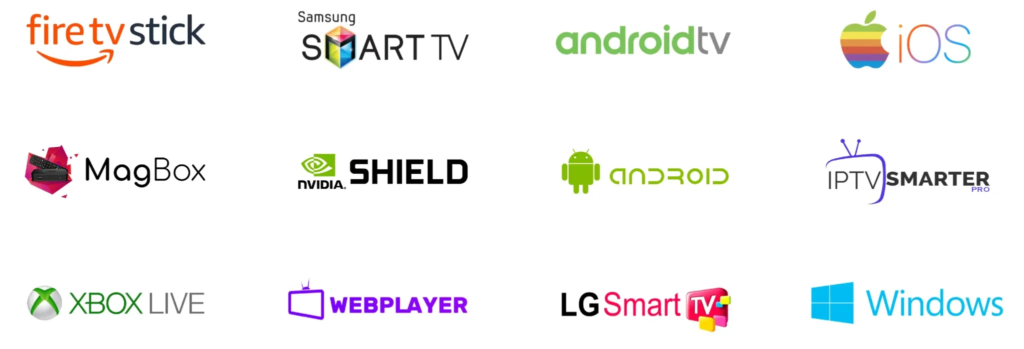 Grid of device and platform logos that work with Best UK IPTV